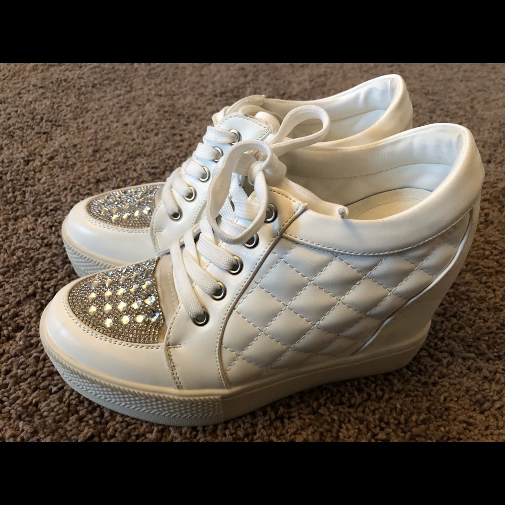💎 Blinged Out Bridal Glitzy Sneaker with 4 Inch Wedge - Worn Once ! 💎 - Picture 2 of 10